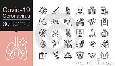 Covid-19 / Corona virus icons. Modern line design. World Health organization WHO introduced new official name for Coronavirus Vector Illustration