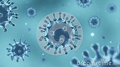 COVID-19 Corona virus with spike glycoprotein are floating on the air . Blue color background . 3D rendering Stock Photo