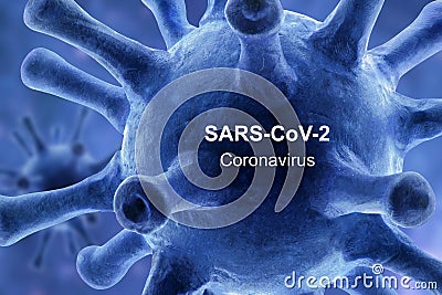 COVID-19 coronavirus banner, 3d illustration, SARS-CoV-2 corona virus and inscription on blue background. Poster with concept of Cartoon Illustration