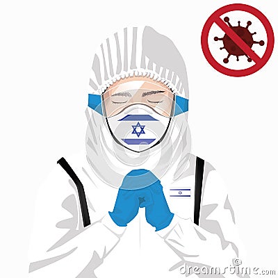 Covid-19 or Coronavirus concept. Israeli medical staff wearing mask in protective clothing and praying for against Covid-19 virus Vector Illustration