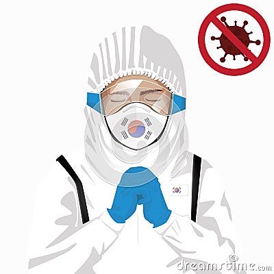 Covid-19 or Coronavirus concept. Korean medical staff wearing mask in protective clothing and praying for against Covid-19 virus Vector Illustration