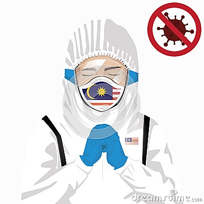 Covid-19 or Coronavirus concept. Malaysian medical staff wearing mask in protective clothing and praying for against Covid-19 Vector Illustration