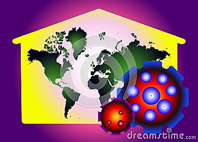 Covid 19, Coronavirus on the Earth. Stay at home. World map icon hidden in the house. Vector horizontal illustration Stock Photo