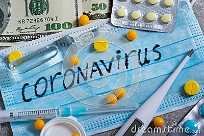 Covid-19 Coronavirus and the flu epidemic. Speculation and business on the vaccine and pills. Money and health, pandemic worldwide Stock Photo