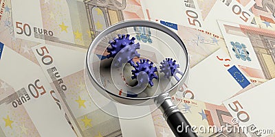 COVID19 Coronavirus infection, medical magnifier on euro banknotes background. 3d illustration Cartoon Illustration