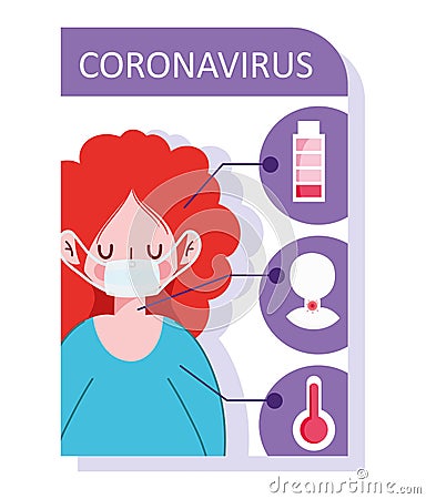 Covid 19 coronavirus infographic, girl wearing medical mask with symptoms respiratory disease Vector Illustration