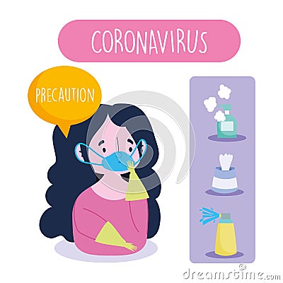 Covid 19 coronavirus infographic, precaution girl with mask gloves, and prevention recommendations Vector Illustration