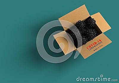 COVID-19 Coronavirus packed in a box 3d rendering with a label of made in china. Stock Photo