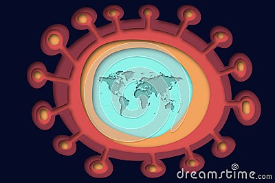 COVID-19 Coronavirus Paper Cutout Design with a world map in the center. Stock Photo