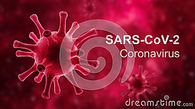 COVID19 coronavirus poster, 3d illustration, red corona virus in cell and inscription SARS-CoV-2. Global coronavirus outbreak and Cartoon Illustration