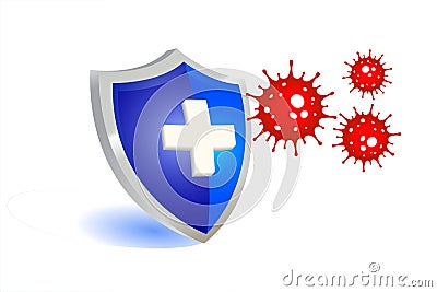 Covid19 coronavirus protection shield with virus cells concept design. Immune system medical isolated on white background vector Vector Illustration