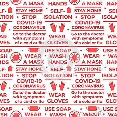 COVID-19 Coronavirus rules. Seamless vector pattern with text and symbol. Wear gloves, wear a mask, wash your hands, use Vector Illustration