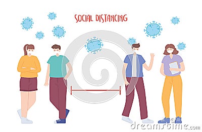 Covid 19 coronavirus social distancing prevention, space for safety and people should be apart, people with medical face Vector Illustration