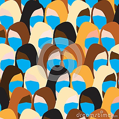 Covid 19, Coronavirus. Stay at home. Masked people of different nationalities. Pattern Vector Illustration