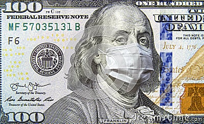 COVID-19 coronavirus in USA, 100 dollar money bill with face mask. Coronavirus affects global stock market Stock Photo