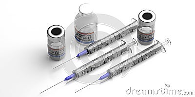 Coronavirus Covid 19 Vaccination. Medical injection syringes and vials with vaccine isolated on white background. 3d illustration Cartoon Illustration