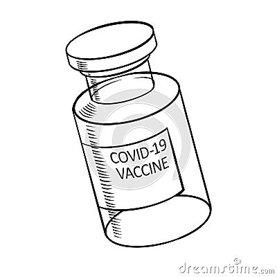 COVID-19 coronavirus vaccine vial icon illustration with text inscriprion, doodle and scetch, vaccination Cartoon Illustration