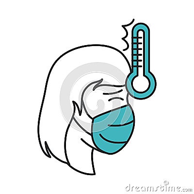 Covid 19 coronavirus, woman with mask and fever, prevention spread outbreak disease pandemic line and fill style icon Vector Illustration