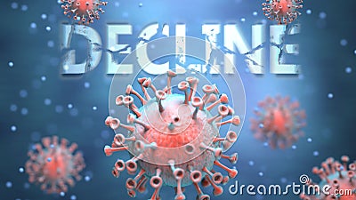 Covid and decline, pictured as red viruses attacking word decline to symbolize turmoil, global world problems and the relation Cartoon Illustration