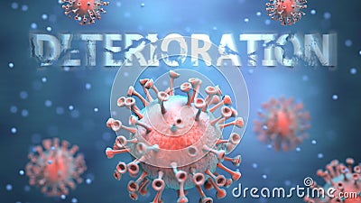 Covid and deterioration, pictured as red viruses attacking word deterioration to symbolize turmoil, global world problems and the Cartoon Illustration