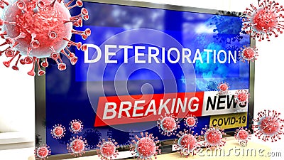 Covid, deterioration and a tv set showing breaking news - pictured as a tv set with corona deterioration news and deadly viruses Cartoon Illustration