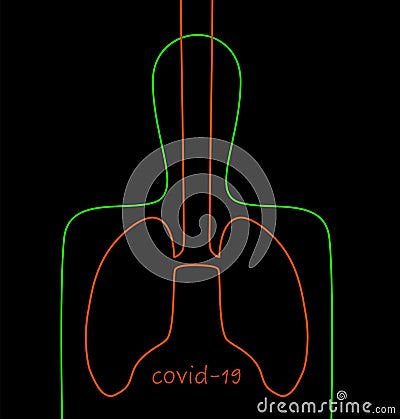 Covid-19 disease concept, man silhouette with lungs infection in simple lines on the black background, spread virus, Vector Illustration