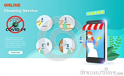Maid in smartphone holding alcohol with infographic of cleaning on toilet handrail, door knob and elevator to protect from COVID- Vector Illustration