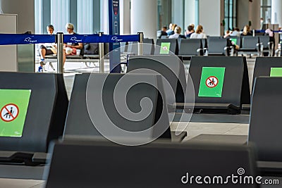 COVID19 distance sign on airpot in Corfu, Greece Editorial Stock Photo
