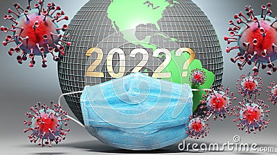 2022 and covid - Earth globe protected with a blue mask against attacking corona viruses to show the relation between 2022 and Cartoon Illustration
