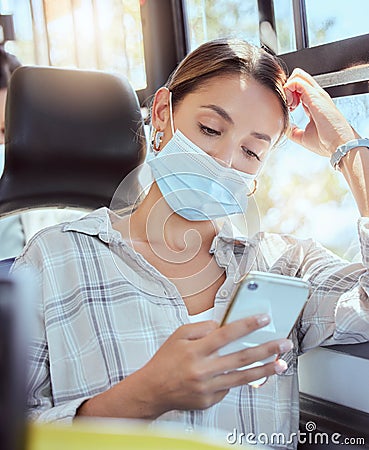 Covid face mask, transport and woman with smartphone reading news online in bus and sunshine lens flare. Travel person Stock Photo