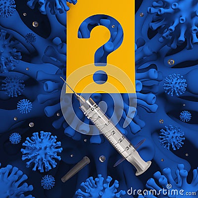Covid-19 global vaccination. A syringe with a vaccine on a blue virus cell background. Stock Photo