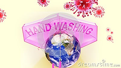 Covid hand washing - corona virus attacking Earth that is protected by an umbrella with English word hand washing as a symbol of a Cartoon Illustration