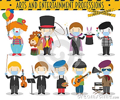 Vector Set of Arts and Entertainment Professions with surgical masks and latex gloves Vector Illustration