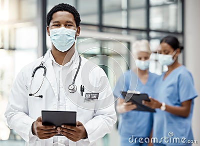 Covid, healthcare and African doctor with a tablet for online consulting, agenda and planning on tech at hospital Stock Photo