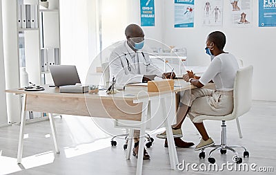 Covid, healthcare office and doctor with patient talking or healthcare communication for a medical note at her gp Stock Photo