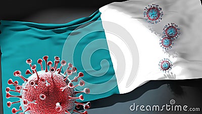 Covid in Huancayo - coronavirus attacking a city flag of Huancayo as a symbol of a fight and struggle with the virus pandemic in Cartoon Illustration