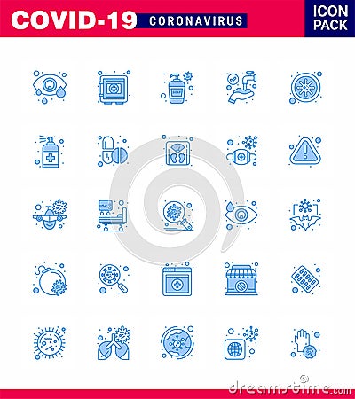 Covid-19 icon set for infographic 25 Blue pack such as bacteria, medical, securitybox, hands, hand wash Vector Illustration