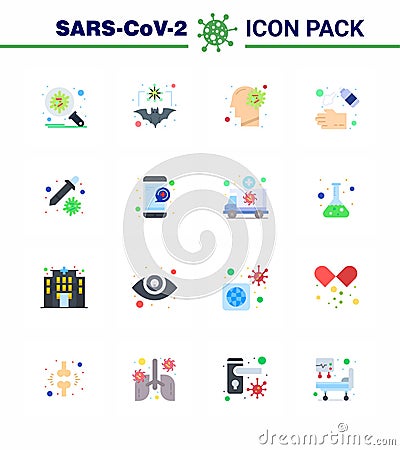 Covid-19 icon set for infographic 16 Flat Color pack such as hand, hand spray, flu, brain, ilness Vector Illustration