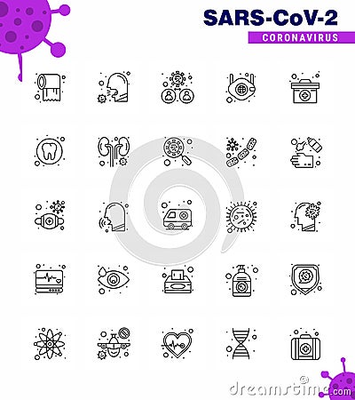 Covid-19 icon set for infographic 25 line pack such as medical, face, sick, virus, people Vector Illustration