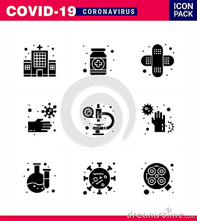 Covid-19 icon set for infographic 9 Solid Glyph Black pack such as coronavirus, hands, medicine, dirty, injury Vector Illustration