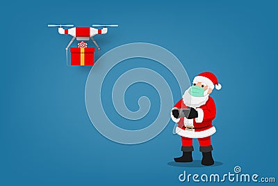 COVID-19 infographic of cute Christmas character, Santa Claus wear surgical mask controlling the drone to send a present gift for Vector Illustration
