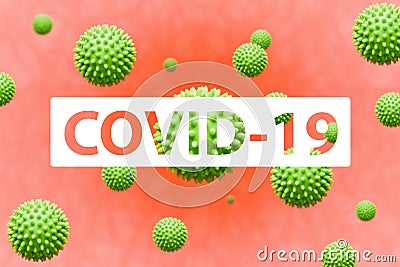 Covid-19 inscription on coronavirus model background. Virus strain concept banner Stock Photo