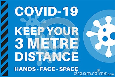 COVID-19 keep your 3 metre distance - Illustration with virus logo on a red background Stock Photo