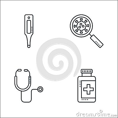 Covid line icons. linear set. quality vector line set such as pill jar, stethoscope Vector Illustration