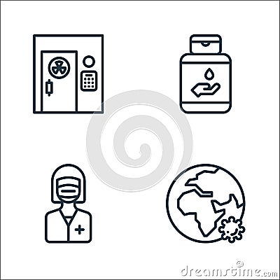 Covid line icons. linear set. quality vector line set such as globe, nurse, hand sanitizer Vector Illustration