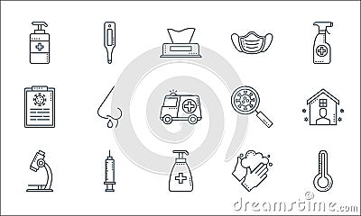 Covid line icons. linear set. quality vector line set such as temperature, soap, microscope, two hands, syringe, diagnostic, mask Vector Illustration