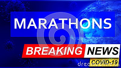 Covid and marathons in breaking news - stylized tv blue news screen with news related to corona pandemic and marathons, 3d Cartoon Illustration