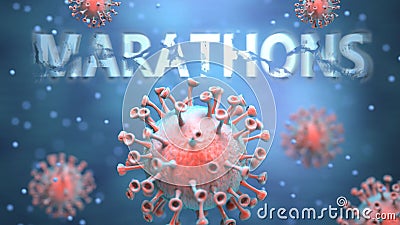 Covid and marathons, pictured as red viruses attacking word marathons to symbolize turmoil, global world problems and the relation Cartoon Illustration