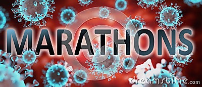 Covid and marathons, pictured by word marathons and viruses to symbolize that marathons is related to corona pandemic and that Cartoon Illustration