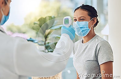 Covid, mask and doctor thermometer test with patient for virus scan check and consultation. Healthcare worker safety Stock Photo